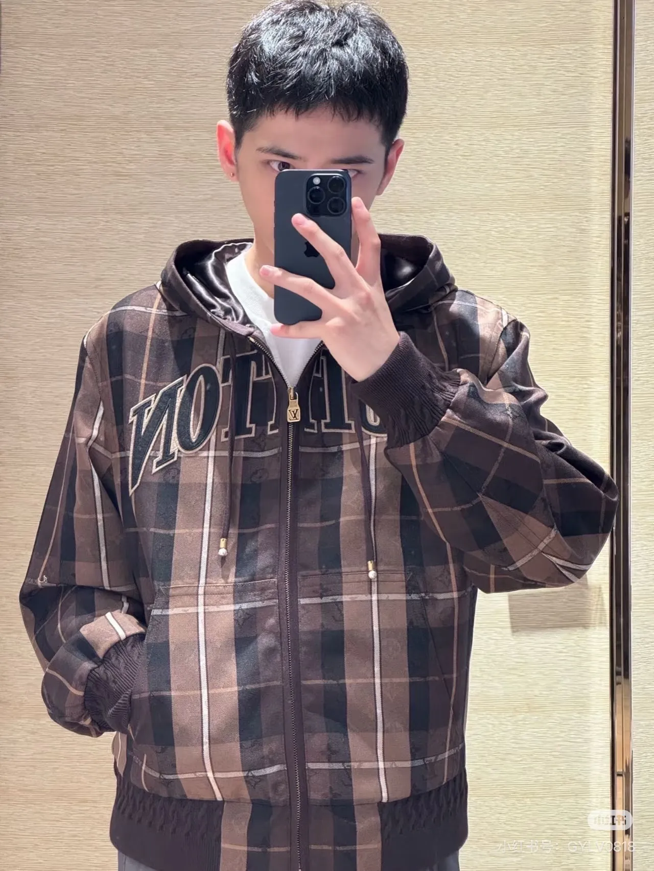 Louis Vuitton/Louis Vuitton old pattern plaid letter embroidered zipper hooded jacket